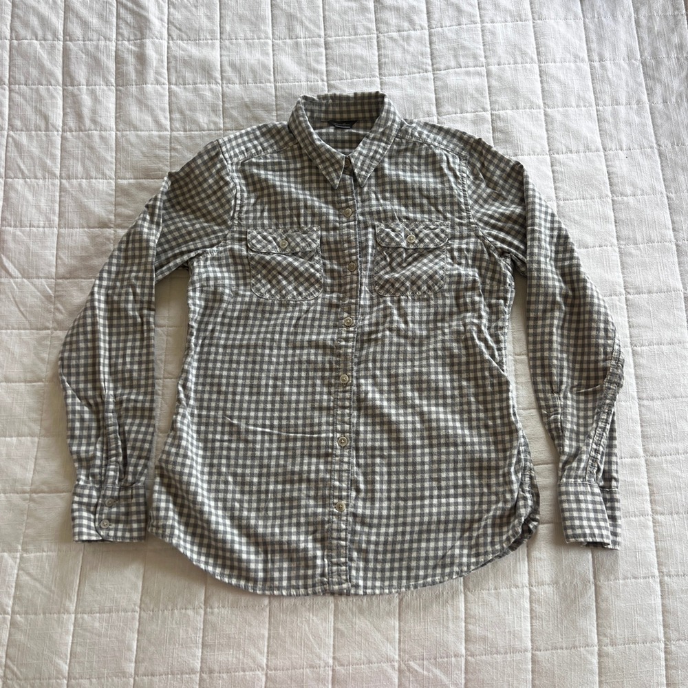 Eddie Bauer Womens Grey White Gingham Cotton Flannel Button Down Shirt Small